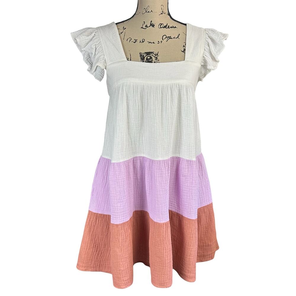 Vici Babydoll Tiered Dress Small White Lavender Terracotta Colorblock Gauze Mini - Picture 1 of 13